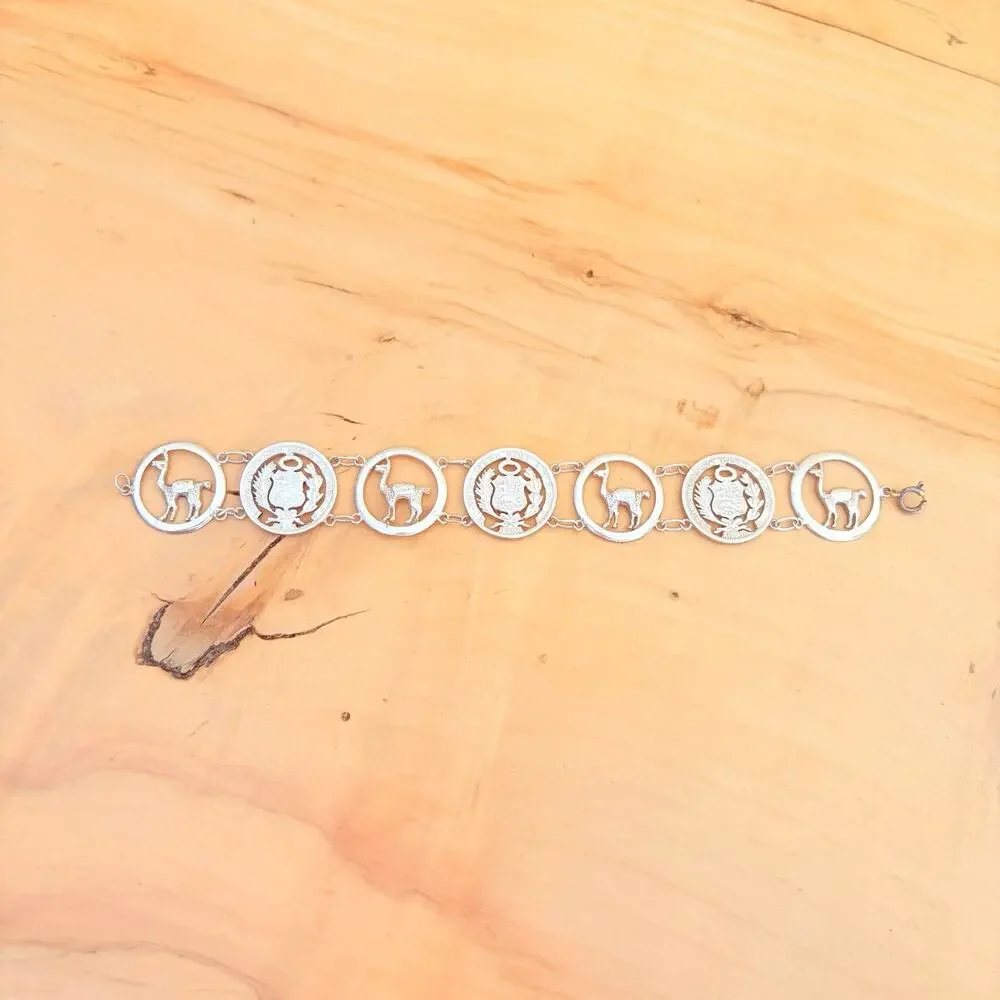 Vtg Peruvian 900 Silver Coin Link Bracelet Vicuna Alpaca Llama Antique Coins